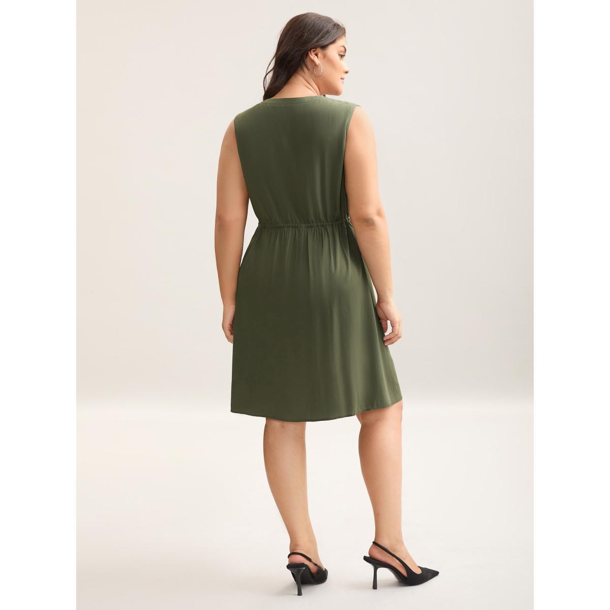 Plus Size Rayon Zipper Front Waist-Tie Midi Dress DarkGreen Women V-neck Sleeveless Curvy BloomChic 22-24/3X Product Image