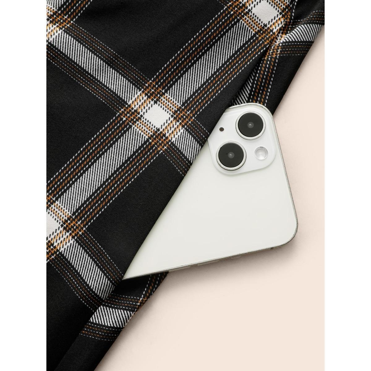 Plus Size Plaid Shirt Collar Belted Tab Sleeve Dress Black Women Elegant Belted Shirt collar Elbow-length sleeve Curvy BloomChic 26/4X Product Image