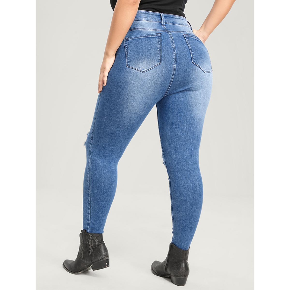 Plus Size Skinny Very Stretchy High Rise Asymmetrical Distressed Jeans Women Blue Casual Plain High stretch Pocket Jeans BloomChic 26/4X Product Image