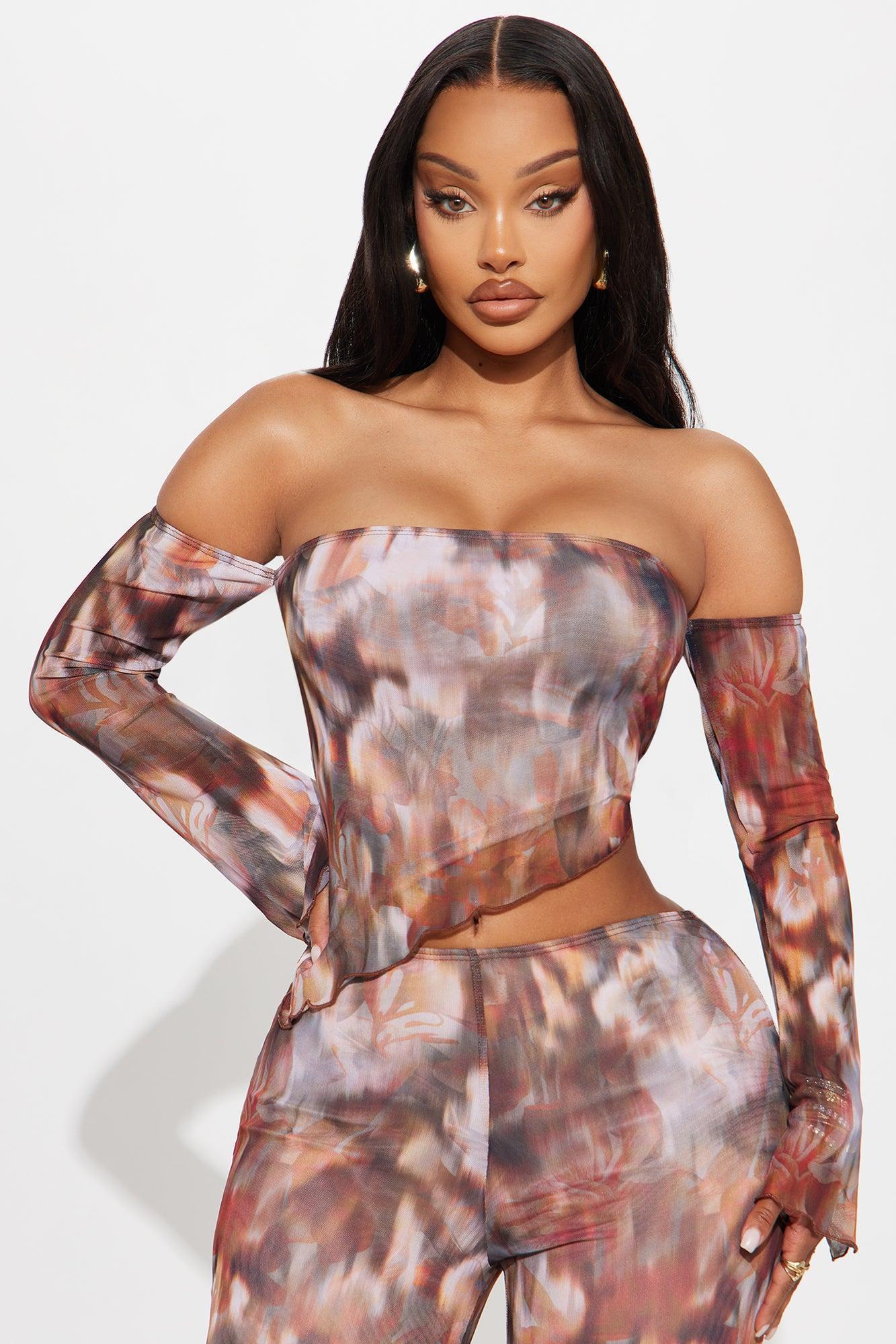 Miranda Mesh Asymmetrical Pant Set - Brown/combo Product Image