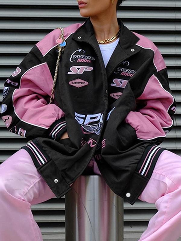 Retro Print Contrast Color Moto Jacket Product Image