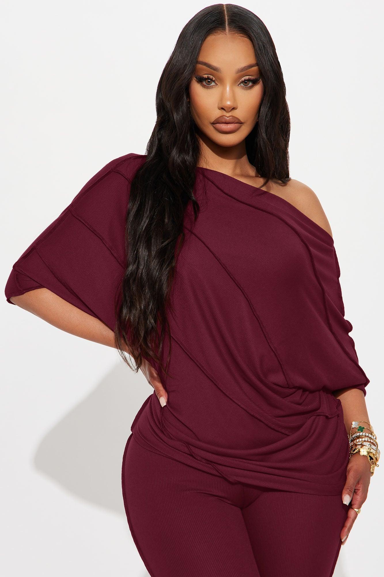 Becca Off Shoulder Ribbed Pant Set - Burgundy Product Image