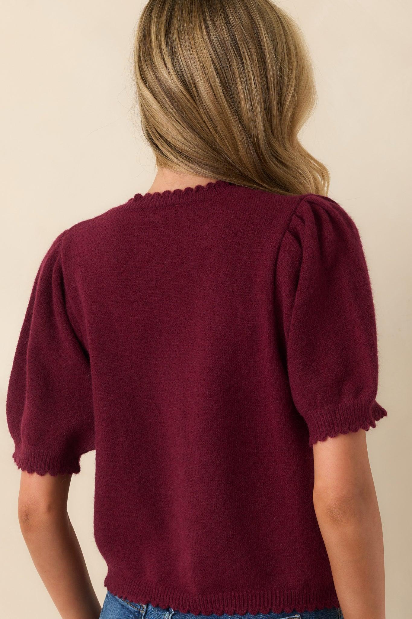 Caught Up In The Moment Wine Knit Short Sleeve Cardigan Product Image