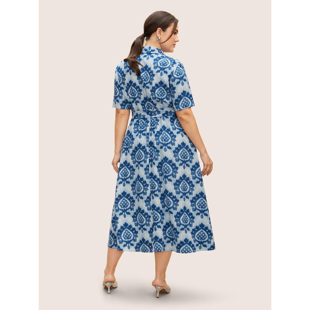 Plus Size Bandana Print Shirt Collar Belted Midi Dress LightBlue Women At the Office Belted Shirt collar Short sleeve Curvy BloomChic 18-20/2X Product Image