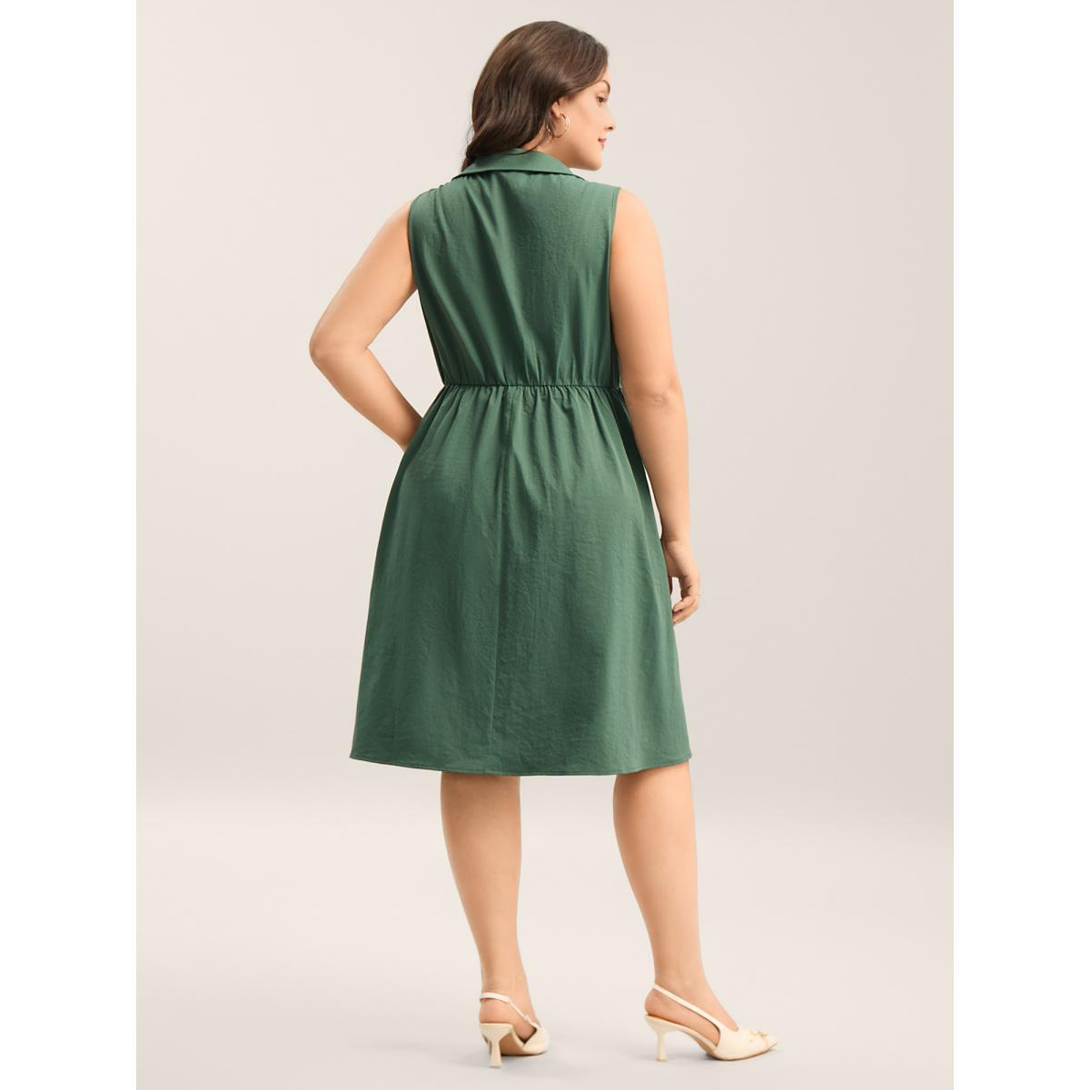 Plus Size Ruched Cinched-Waist Shirt Dress Emerald Women Shirt collar Sleeveless Curvy BloomChic 18-20/2X Product Image