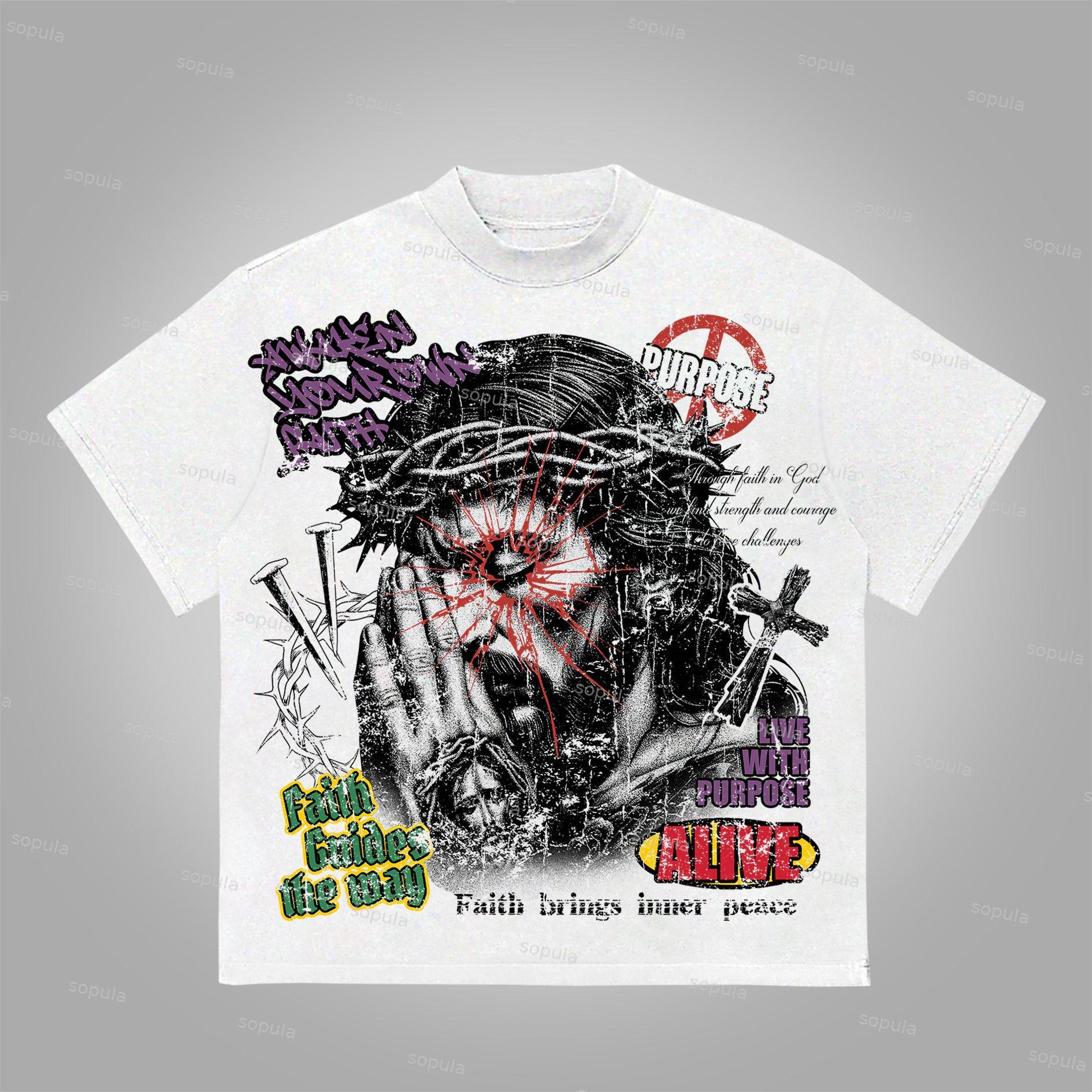 Sopula Pray For Jesus The Meaning Of Life Vintage Graphics Slogan Cotton T-Shirt Product Image