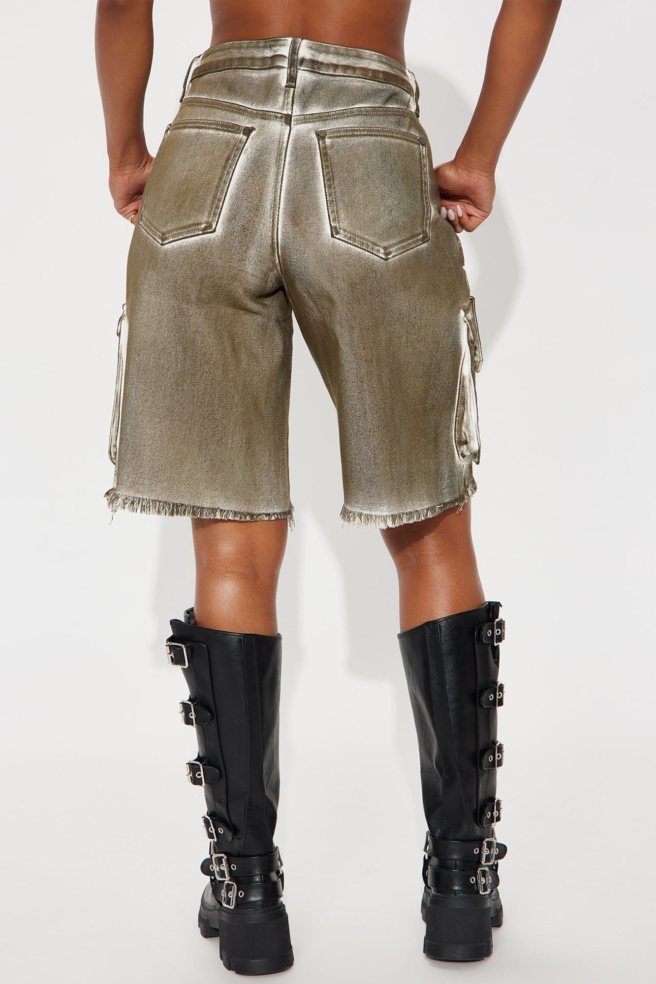 On A Mission Cargo Denim Jorts - Dark Olive Product Image