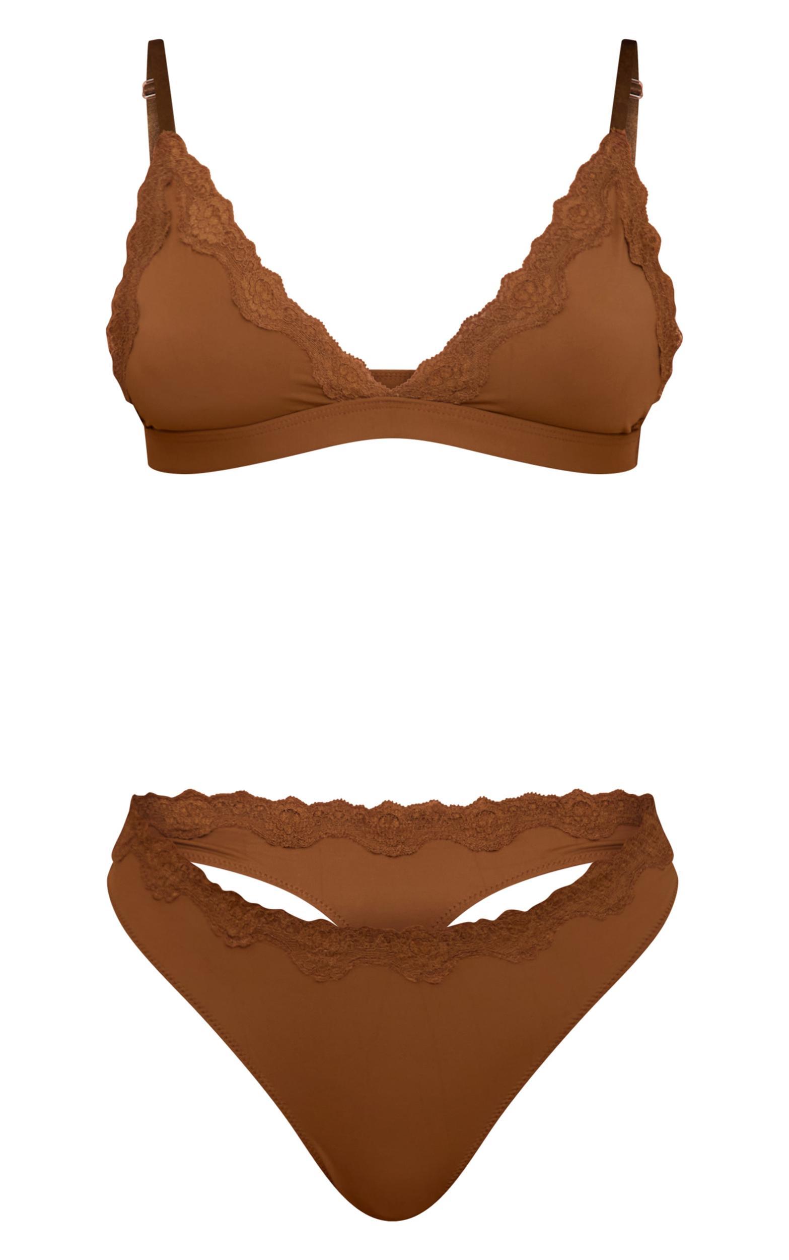 Taupe Jersey Lace Trim Triangle Lingerie Set Product Image