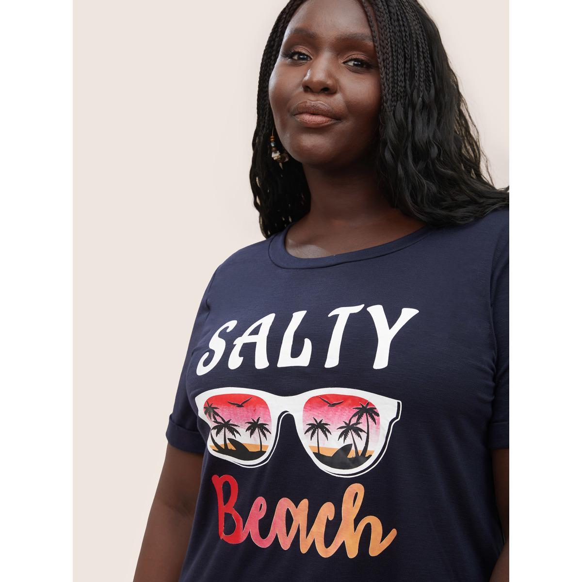 Plus Size Vacation Tropical Print Round Neck T-shirt Midnight Women Resort Non Tropical Vacation T-shirts BloomChic 10/M Product Image
