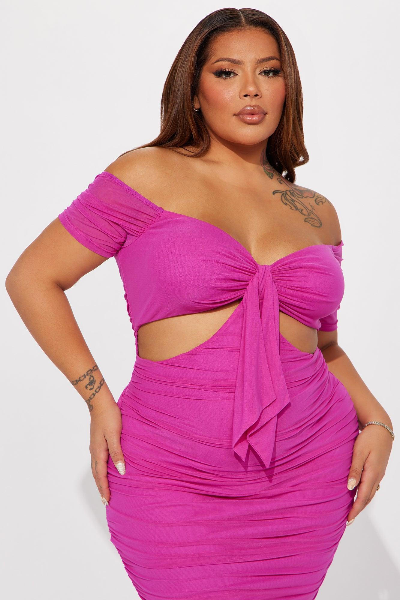 Simple And Sweet Mesh Ruched Dress - Fuchsia Product Image