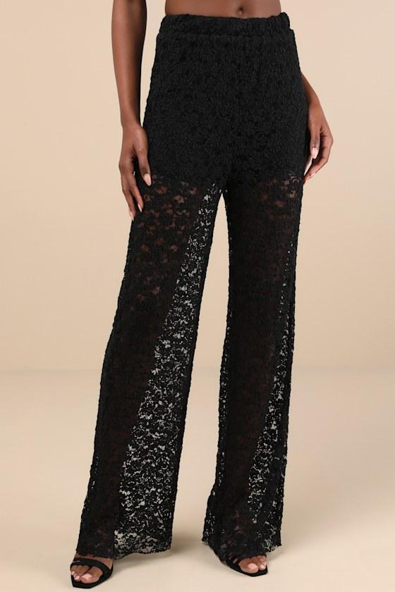 Stunning Pick Black Sheer Lace High-Rise Wide-Leg Pants Product Image
