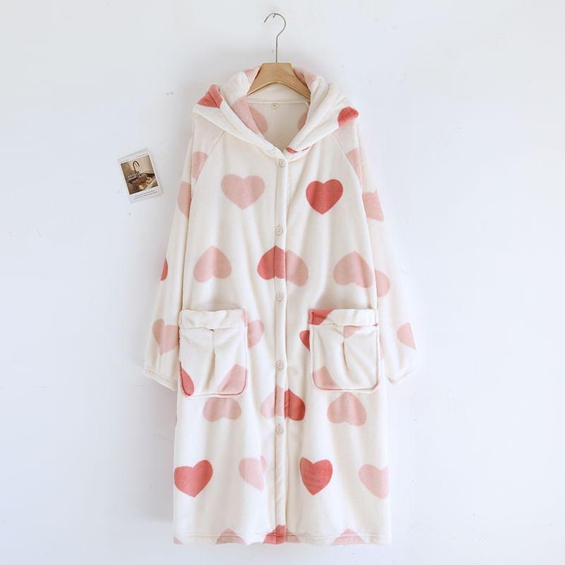 Print Hooded Fleece Button Robe Product Image
