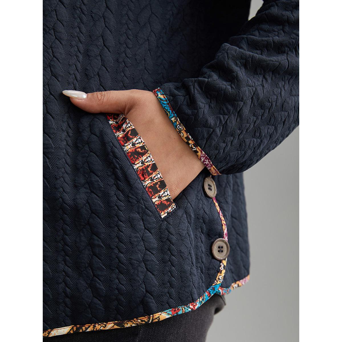 Plus Size Texture Pocket Patchwork Button Detail Jacket Women DarkBlue Texture Pocket Everyday Jackets BloomChic 18-20/2X Product Image
