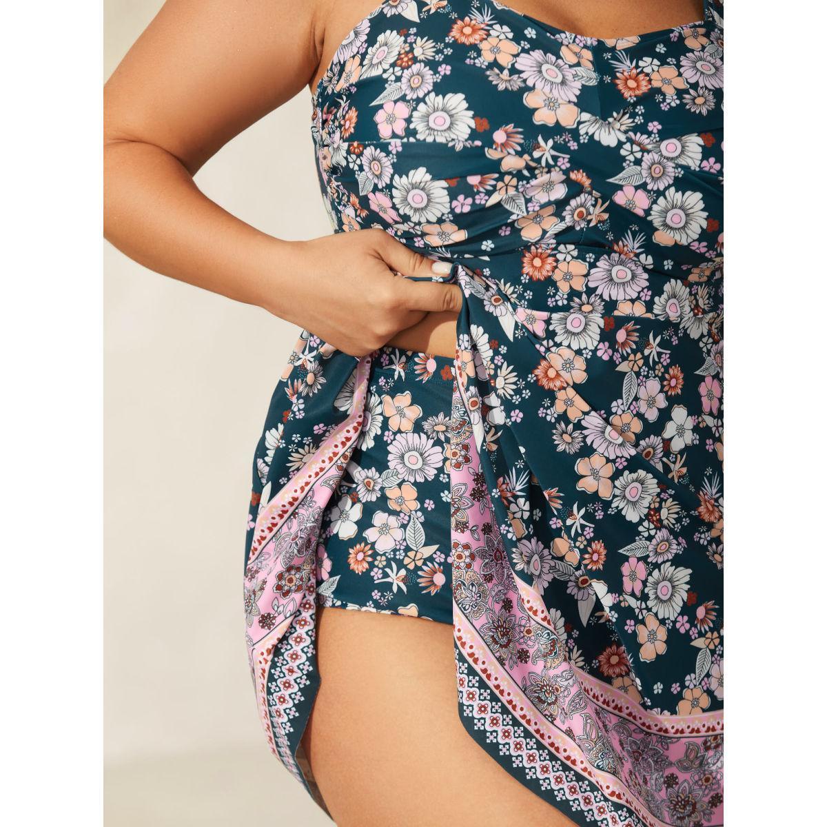 Plus Size Twist Front Floral Print Swim Dress Women's Swimwear Cyan Beach Bodycon Heart neckline High stretch Curve Swim Dresses BloomChic 12/L Product Image