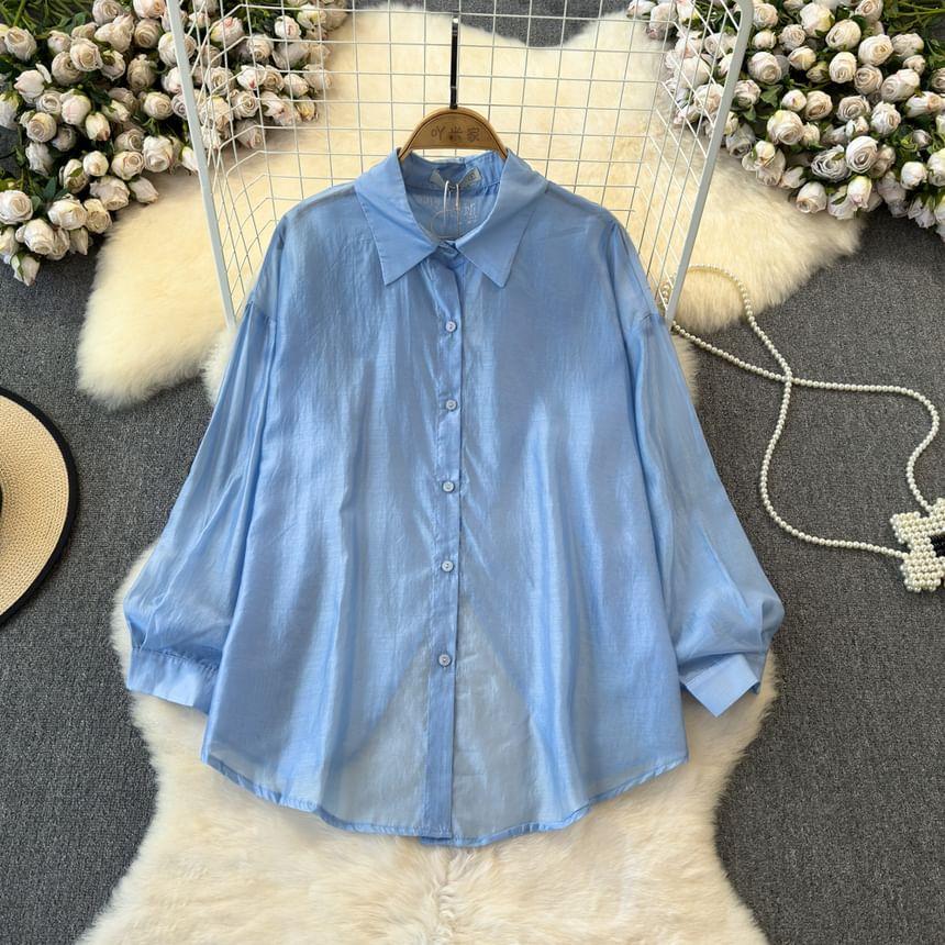 Long-Sleeve Plain Slit Back Button-Up Sheer Shirt Product Image