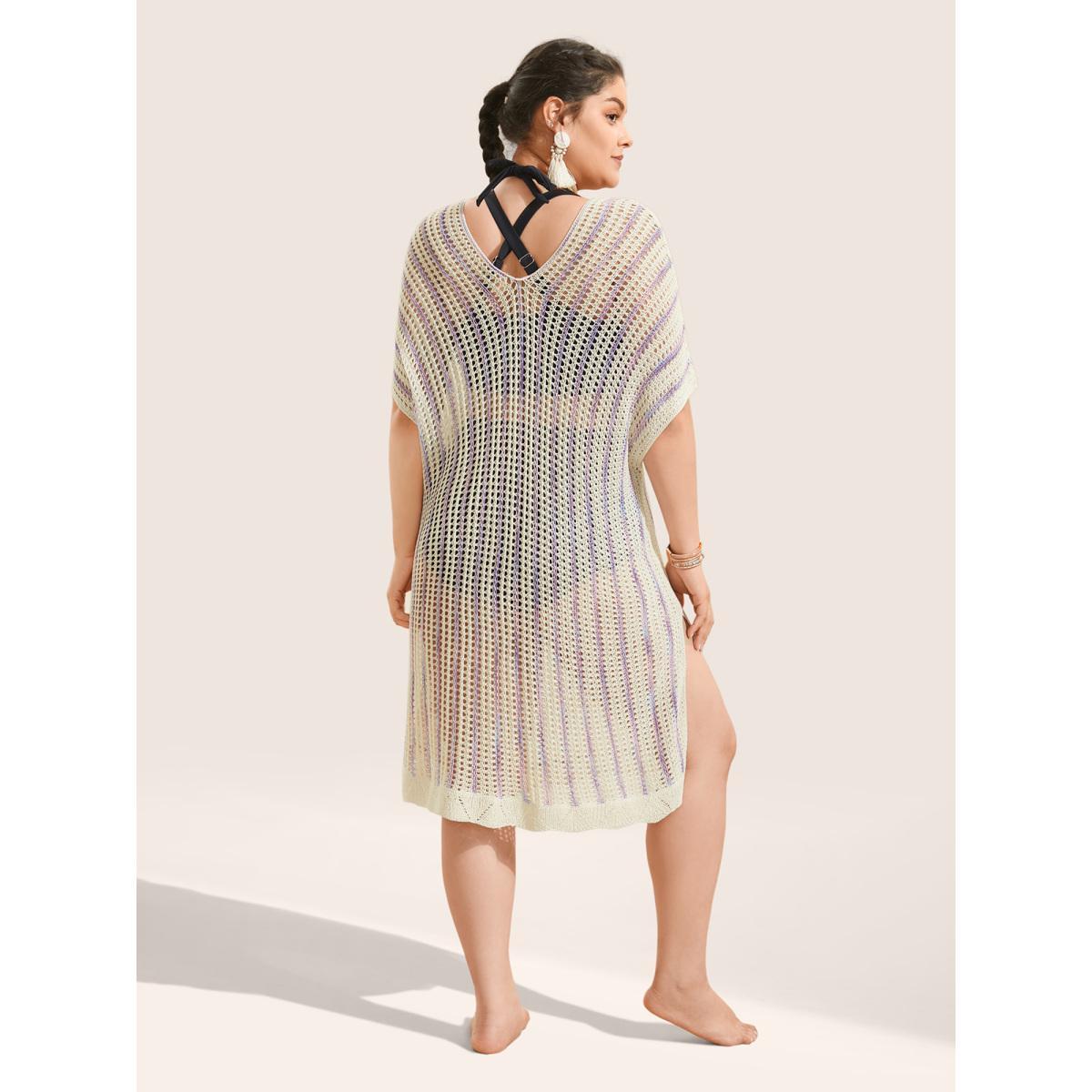 Plus Size Contrast Heather Pointelle Knit Batwing Sleeve Swim Cover Up Women's Swimwear Ivory Beach Contrast Curve Swim Cover Ups BloomChic 14-16/1X Product Image