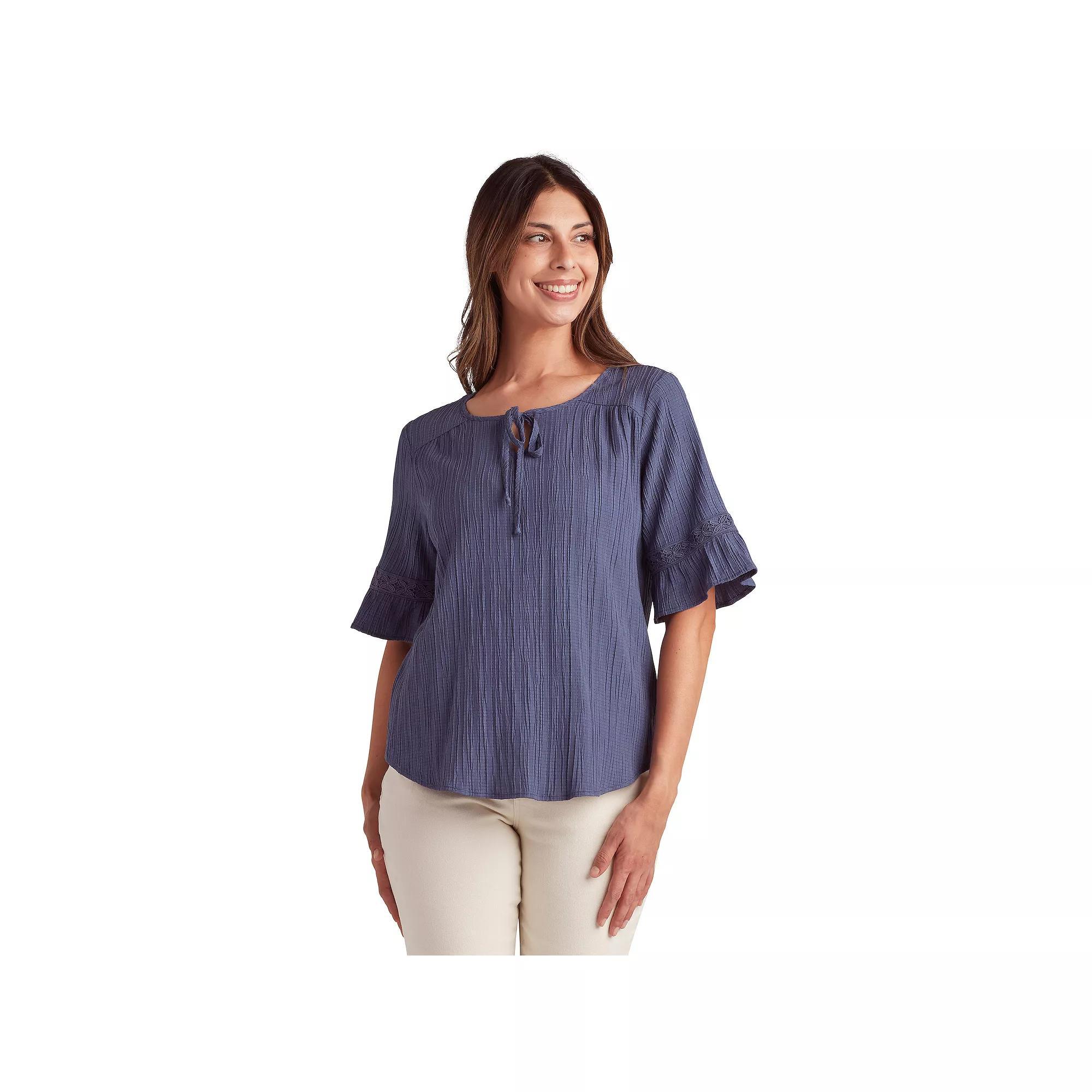 Women's AB Studio Elbow Sleeve With Tie Neck Top, Size: XL, Blue Product Image