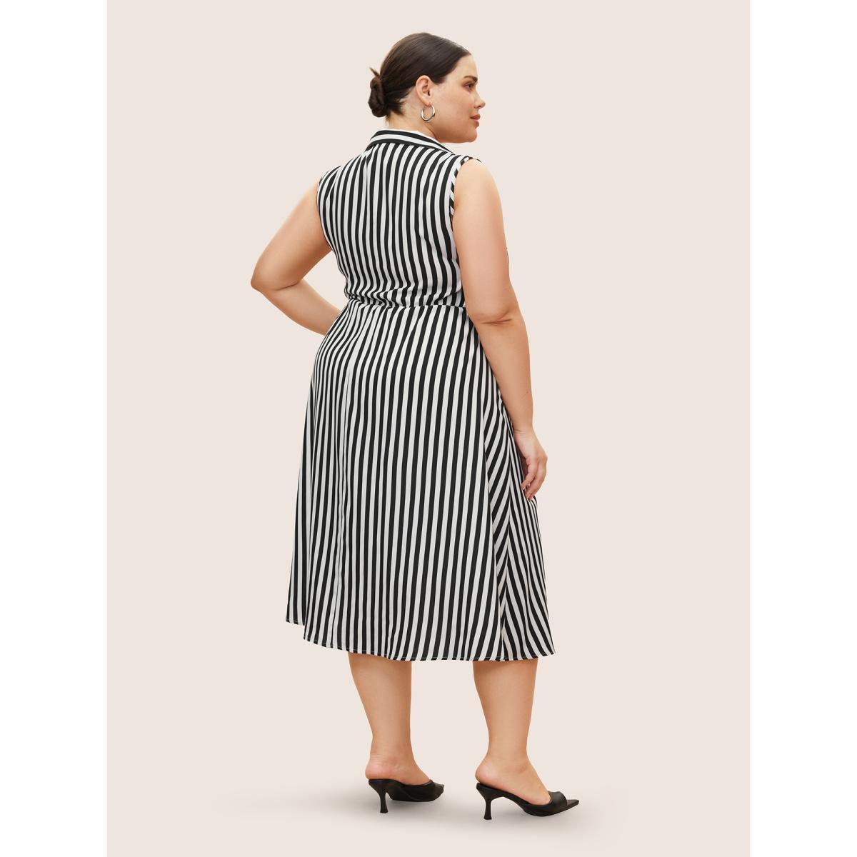 Plus Size Striped Shirt Collar Sleeveless Tie Dress Black Women At the Office Shirt collar Sleeveless Curvy BloomChic 18-20/2X Product Image