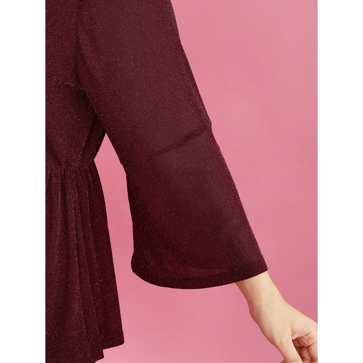 Plus Size Scarlet Solid Surplice Neck Bell Sleeve Glitter Blouse Women Glamour Elbow-length sleeve V-neck Dailywear Blouses BloomChic 30/6X Product Image