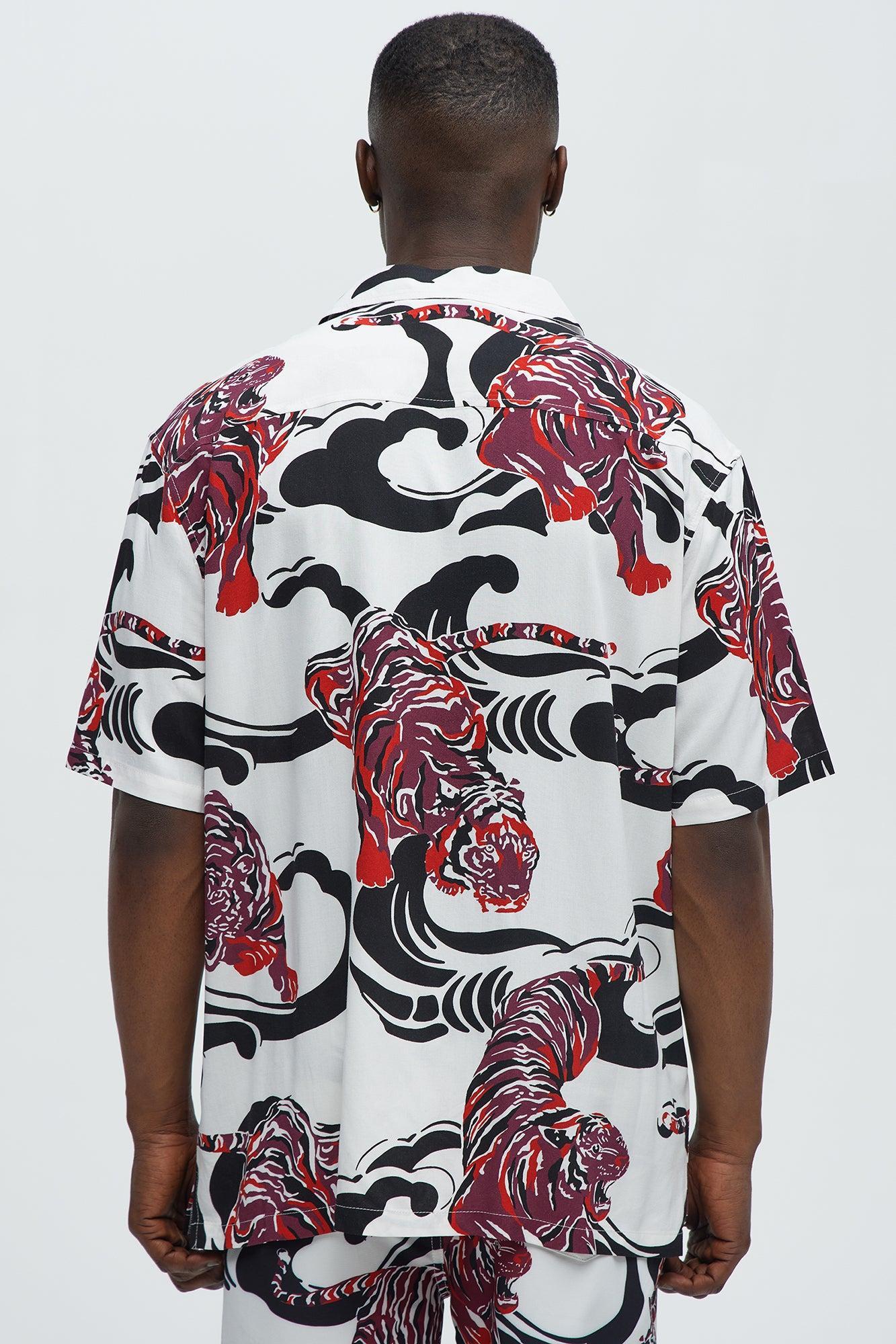Tiger Waves Cuban Collar Button Up Shirt - White/combo Product Image