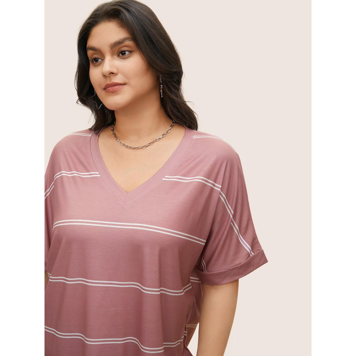 Plus Size Striped Contrast Dolman Sleeve T-shirt Crepe Women Casual Striped V-neck Everyday T-shirts BloomChic 14-16/1X Product Image