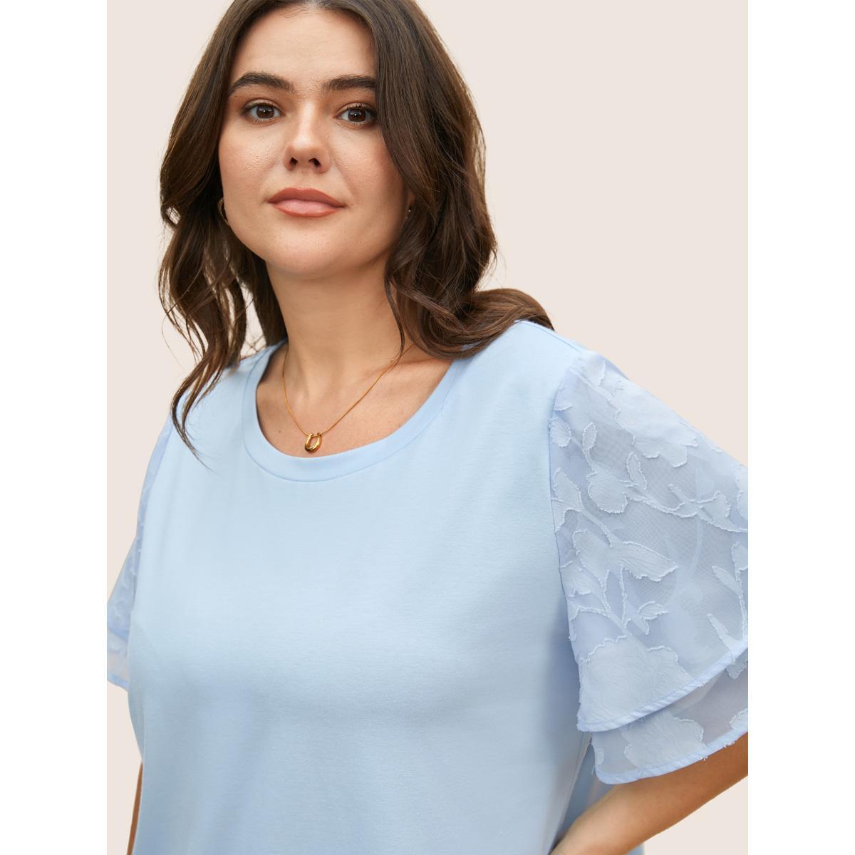 Plus Size Mesh Patchwork Tiered Ruffle Sleeve T-shirt LightBlue Women Elegant Patchwork Round Neck Everyday T-shirts BloomChic 10/M Product Image
