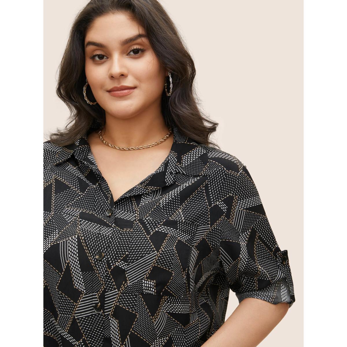 Plus Size Black Shirt Collar Geometric Tab Sleeve Blouse Women At the Office Elbow-length sleeve Shirt collar Work Blouses BloomChic 26/4X Product Image