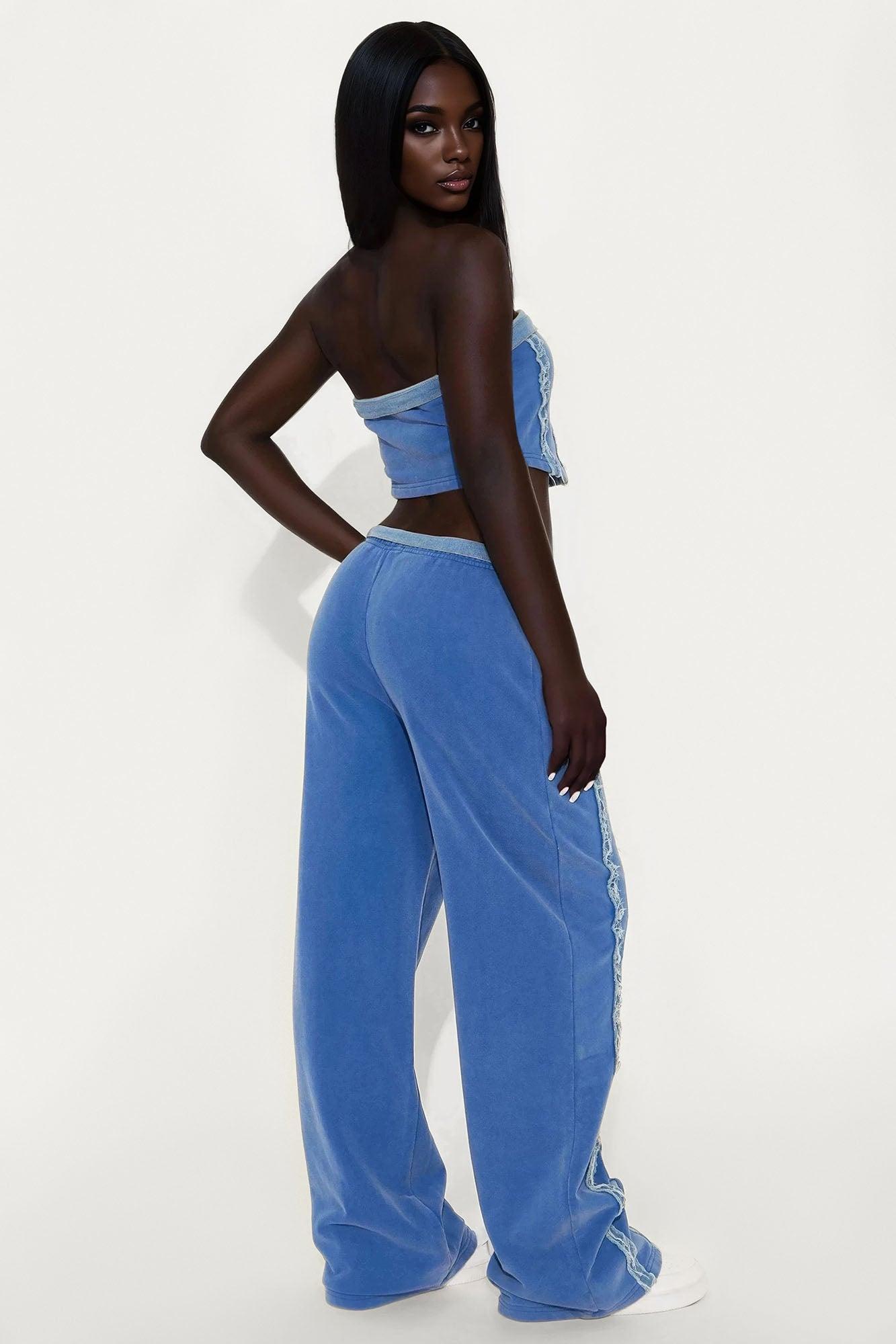 Aida Knit Denim Pant Set - Blue Product Image
