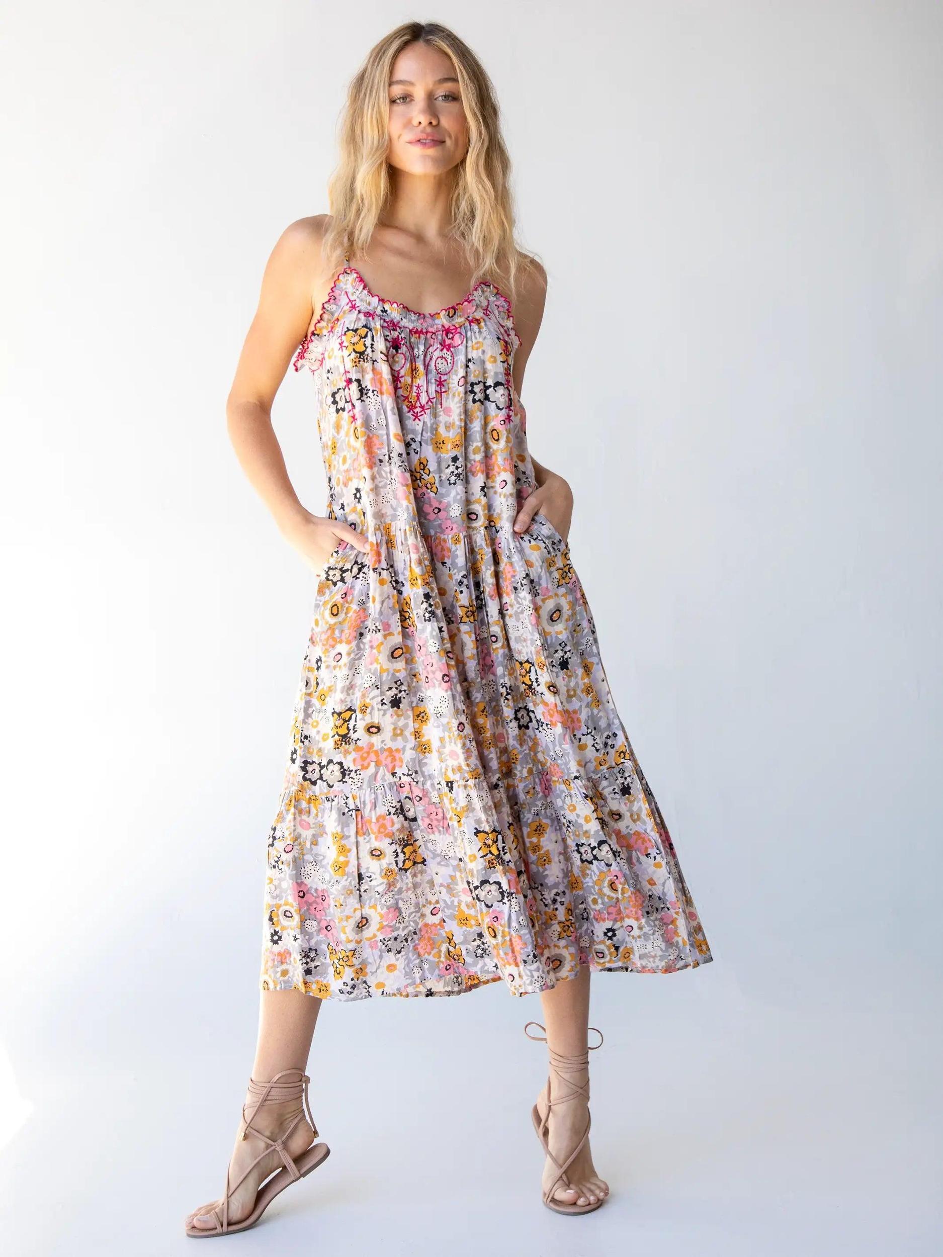 Embroidered Harley Midi Dress - Light Grey Cream Floral Product Image