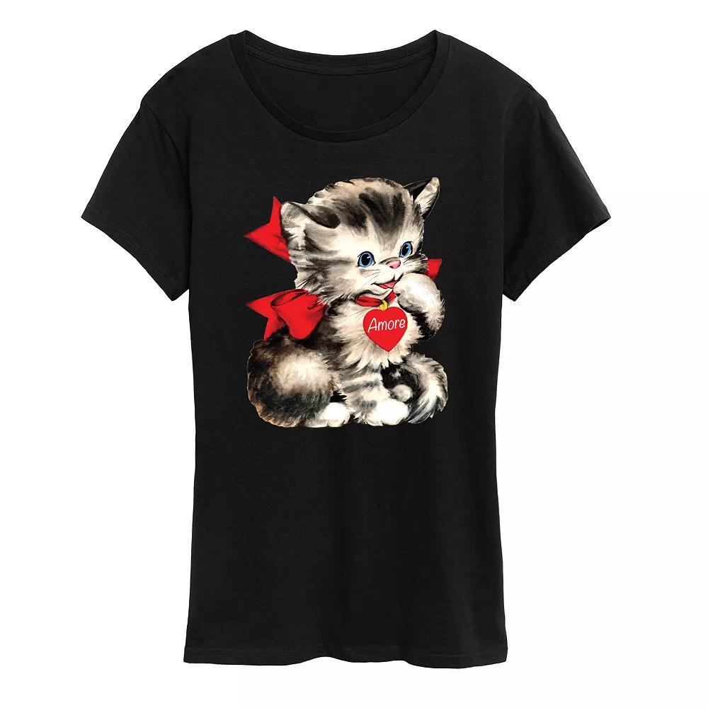 Women's Amore Vintage Valentine's Kitten Graphic Tee, Size: XL, Black Product Image