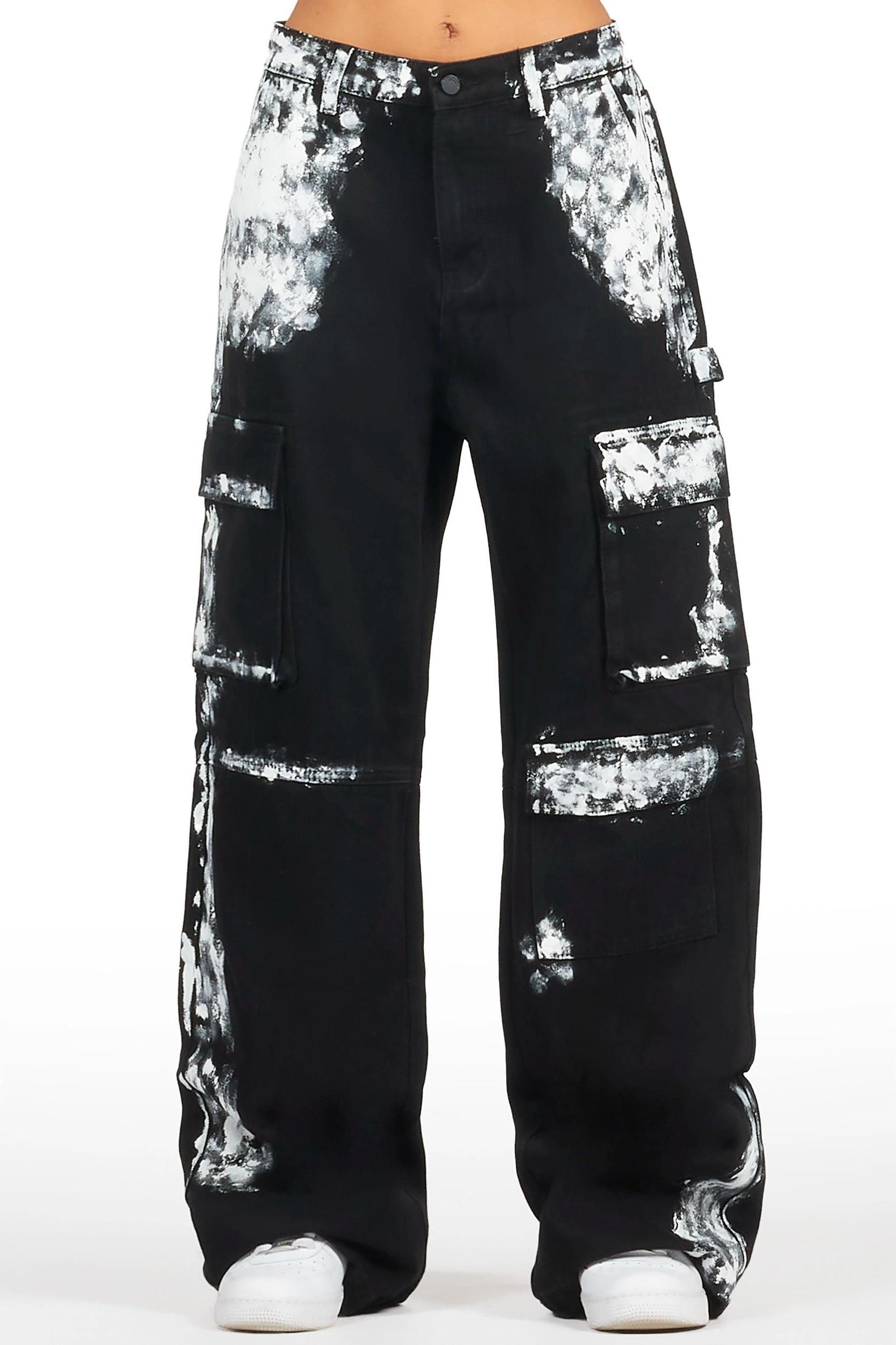 Roniqua Black Painted Baggy Cargo Jean Female Product Image
