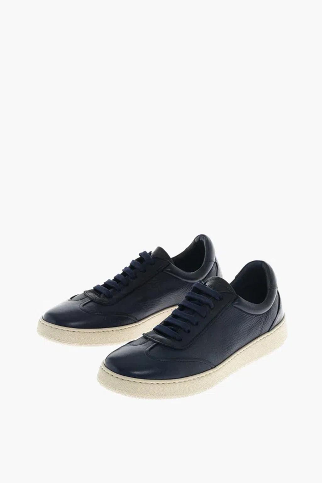CORNELIANI Id Solid Color Leather Low-top Sneakers In Blue Product Image