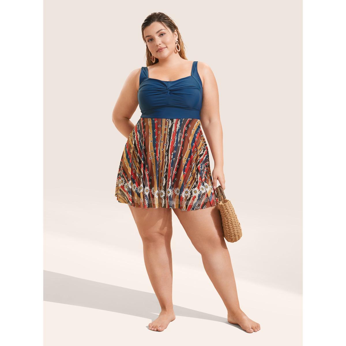 Plus Size Colored Striped Twist Front Patchwork Swim Dress Women's Swimwear Aegean Beach Bodycon Heart neckline High stretch Curve Swim Dresses BloomChic 22-24/3X Product Image