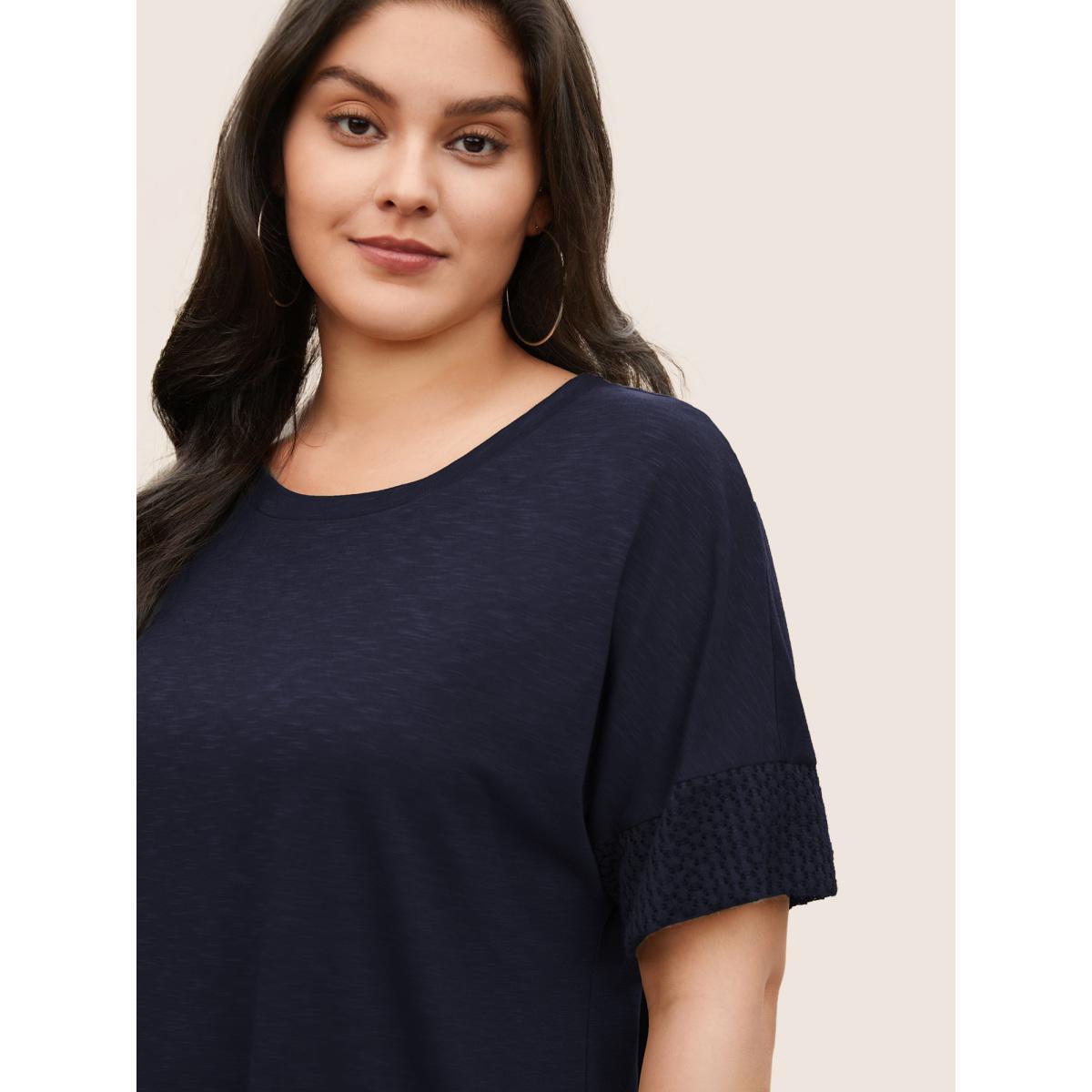 Plus Size Solid Lace Insert Batwing Sleeve T-shirt Midnight Women Casual Texture Plain Round Neck Everyday T-shirts BloomChic 22-24/3X Product Image