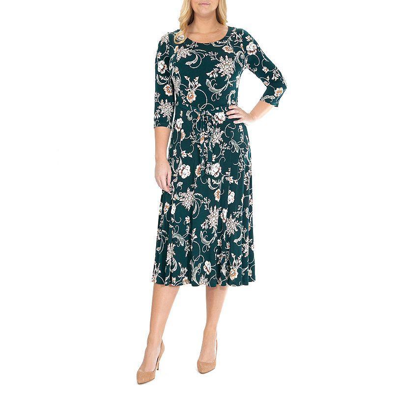 Women's Nina Leonard Belted 3/4 Sleeve Print Midi Dress, Size: Small, Teal Red Product Image