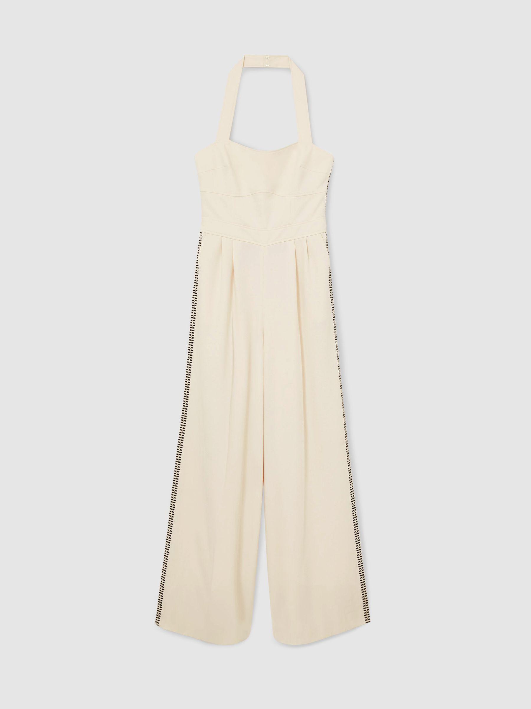 Petite Embroidery Halterneck Wide-Leg Jumpsuit in Cream Product Image
