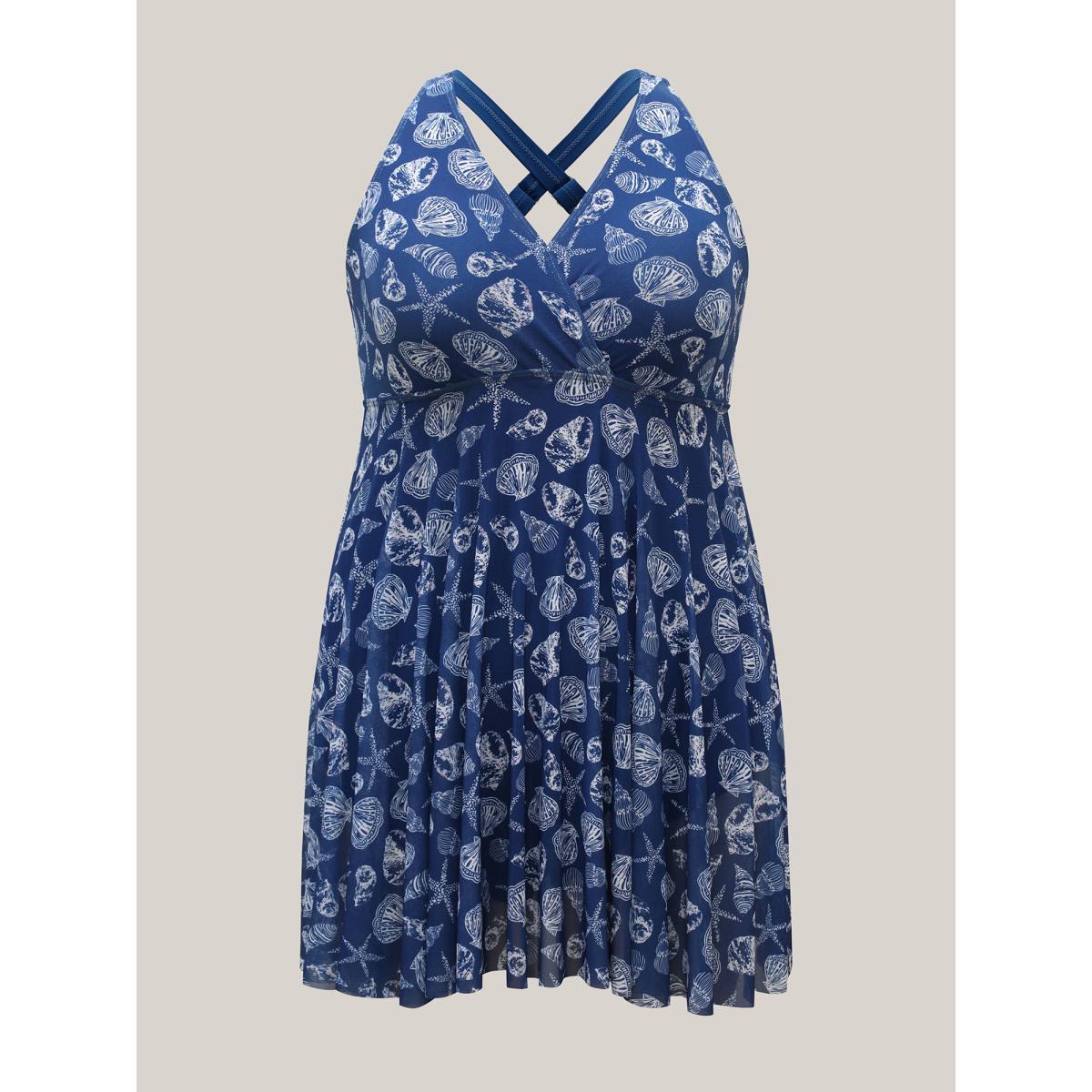 Plus Size Shell Print Mesh Adjustable Cross-Straps Swim Dress Women's Swimwear Cerulean Beach Bodycon Overlap Collar High stretch Curve Swim Dresses BloomChic 10/M Product Image