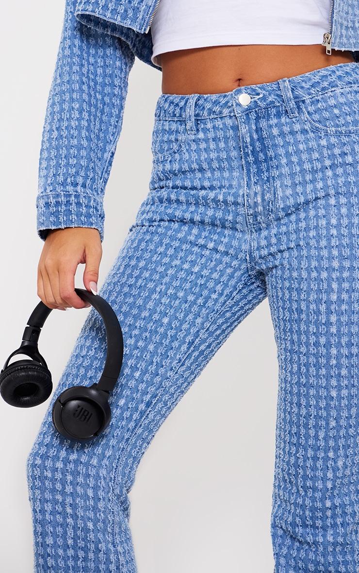 Light Blue Distressed Stripe Denim Flare Jeans Product Image