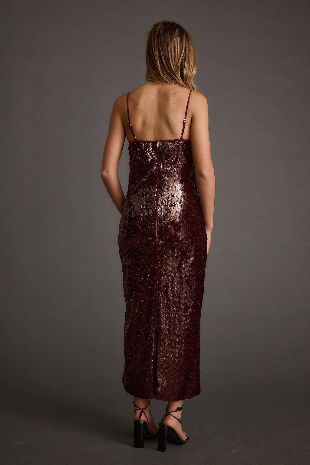 All For You Merlot Sequin Rosette Midi Dress Product Image
