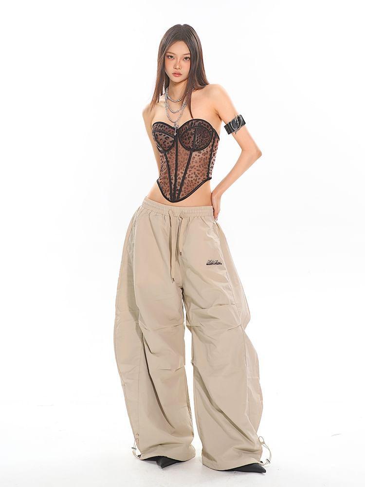 Drawstring Waist Lettering Embroidered Wide Leg Cargo Pants Product Image
