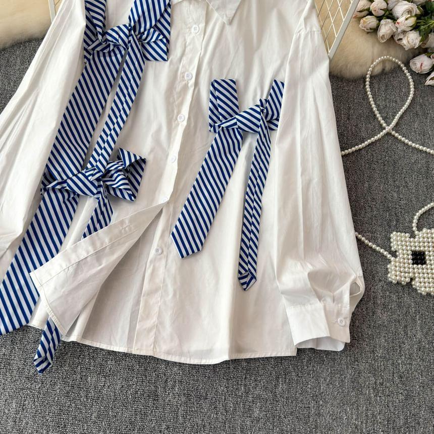 Long-Sleeve Ribbon Accent Plain Shirt Product Image