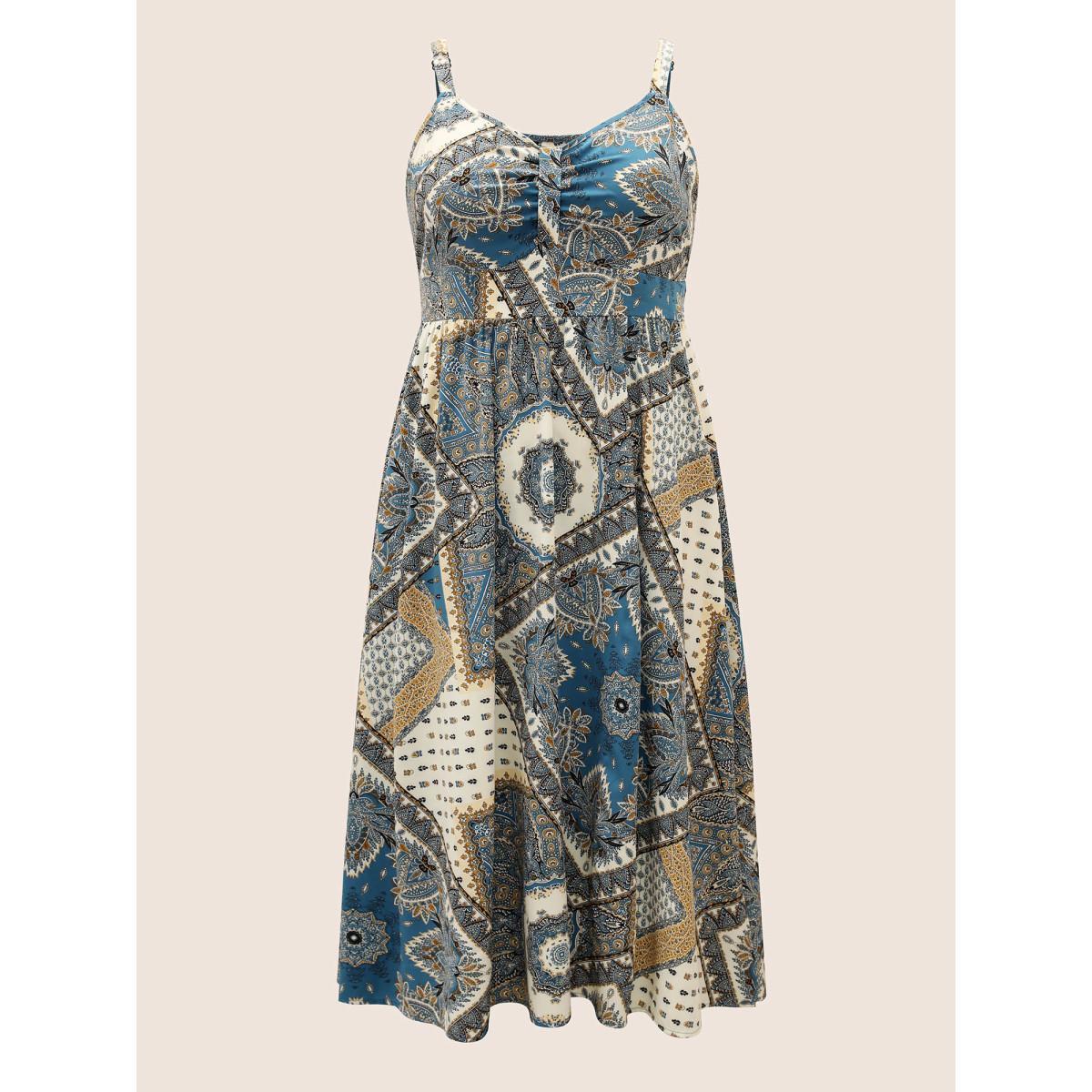 Plus Size Bandana Print Ruched Split Hem Cami Dress Cerulean Women Resort V-neck Sleeveless Curvy BloomChic 28/5X Product Image