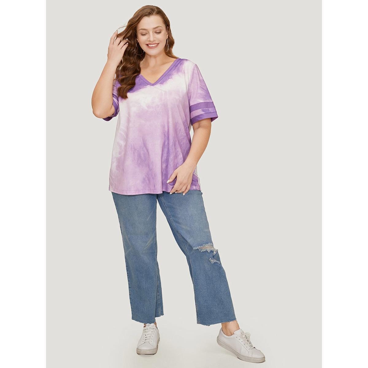 Plus Size Tie Dye V Neck Contrast Trim T-shirt Lilac Women Casual Contrast Tie Dye V-neck Dailywear T-shirts BloomChic 28/5X Product Image