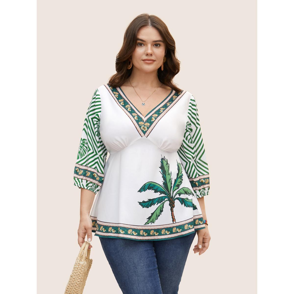 Plus Size Moss Boho Coconut Tree Print Lantern Sleeve Blouse Women Resort Elbow-length sleeve V-neck Vacation Blouses BloomChic 14-16/1X Product Image