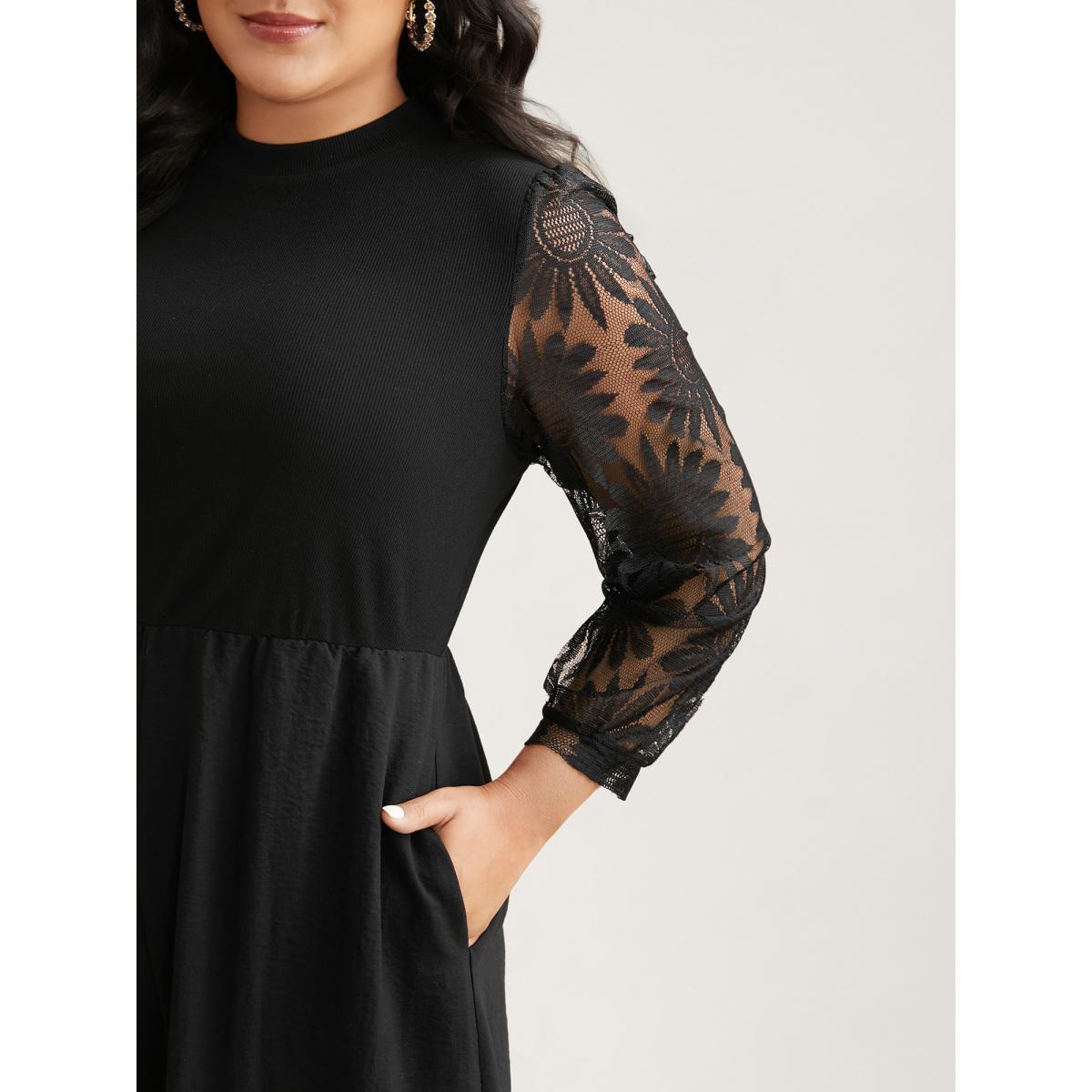 Plus Size Black Crochet Lace Mesh Mock Neck Jumpsuit Women Elegant Long Sleeve Mock Neck Everyday Loose Jumpsuits BloomChic 22-24/3X Product Image