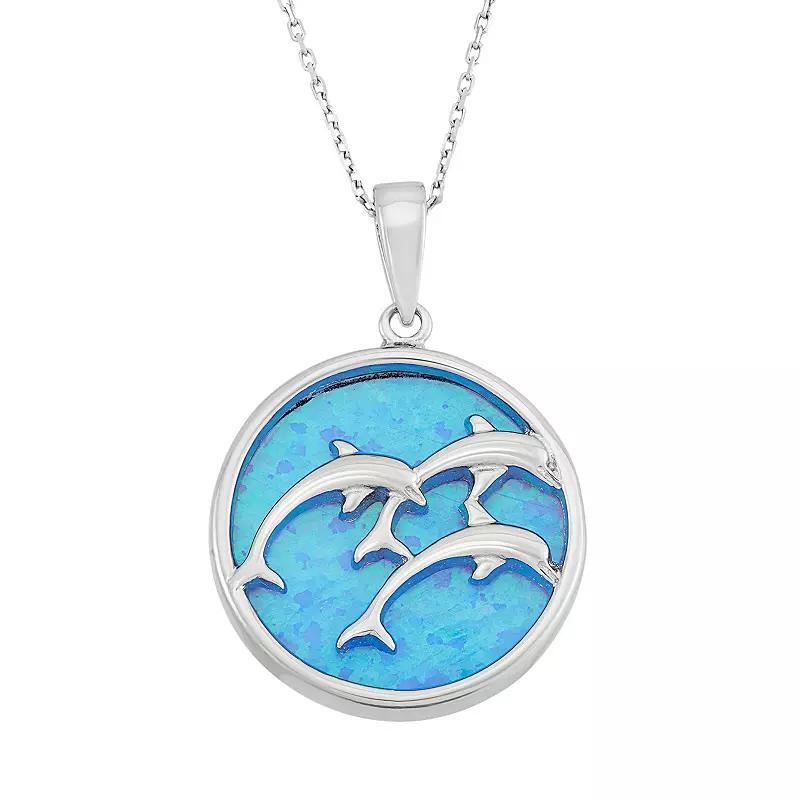 Lab-Created Blue Opal Sterling Silver Triple Dolphin Pendant Necklace, Womens Multicolor Product Image
