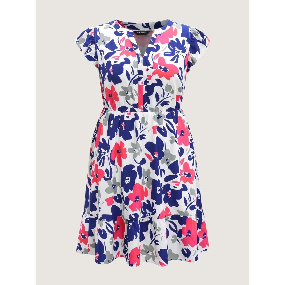 Plus Size Color Block Floral Print Notched Midi Dress Navy Women Flat collar with V-notch Cap Sleeve Curvy BloomChic 10/M Product Image