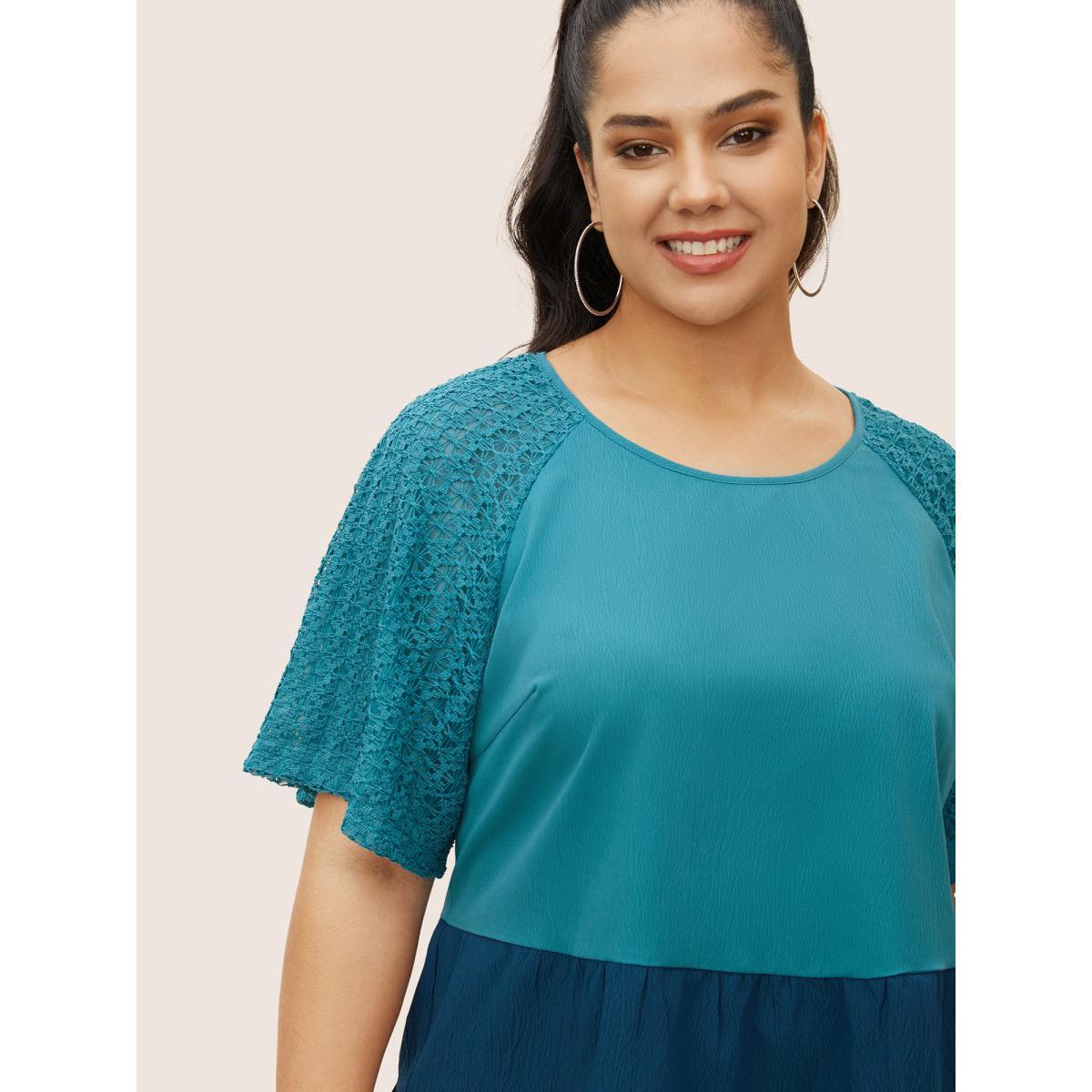 Plus Size Cerulean Colorblock Contrast Lace Panel Raglan Sleeve Blouse Women Casual Short sleeve Round Neck Everyday Blouses BloomChic 28/5X Product Image