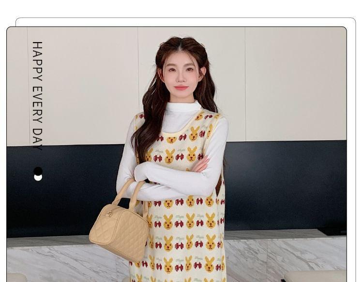 Sleeveless Crew Neck Rabbit Print Slit Knit Midi Overall Dress Product Image