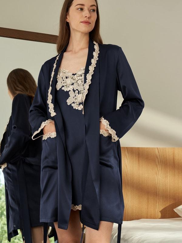 Silk Nightgown & Robe Set With Delicate Lace Product Image